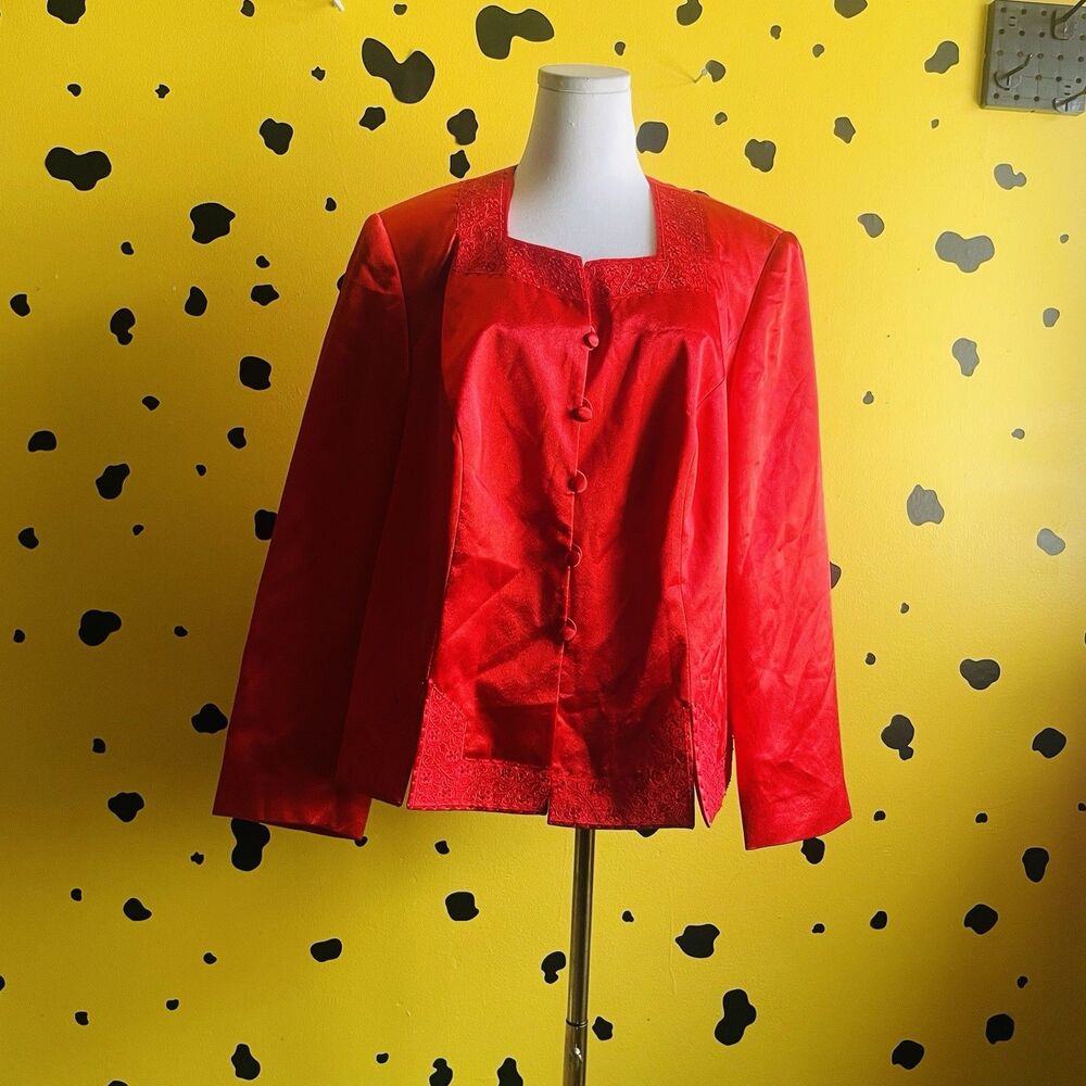 Vintage Red Satin Statement Blazer Womens 18W Evening Bold Glam Office Siren Top